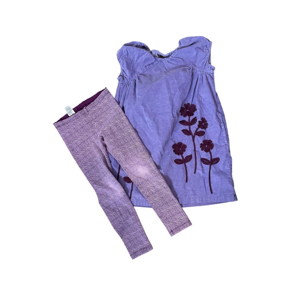 Tea Collection Dress Set Girls 6 Purple Corduroy Floral Embroidered Leggings